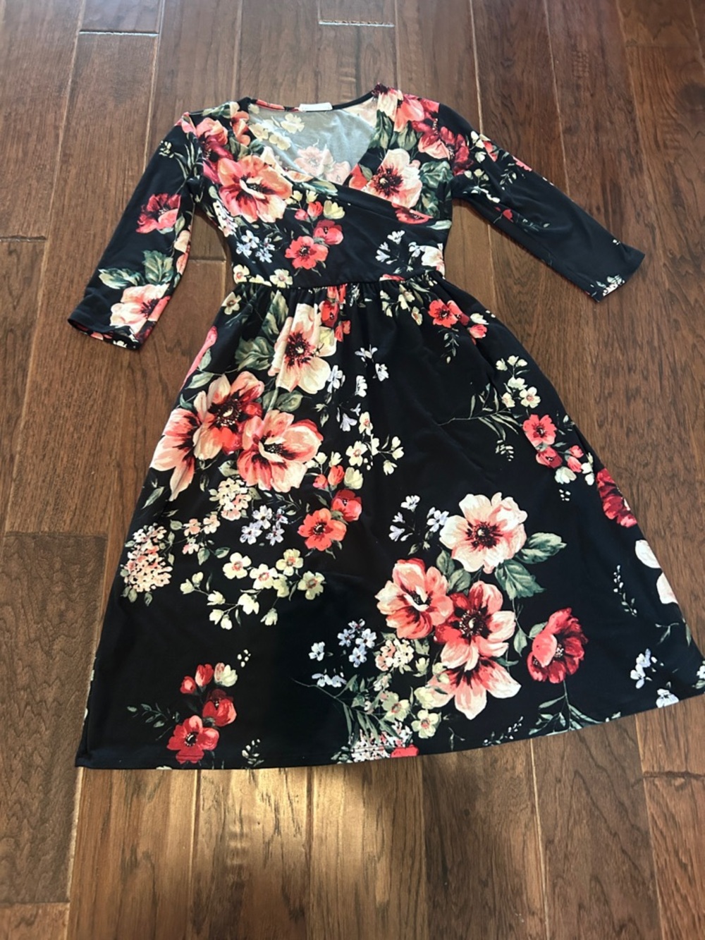 Reb & J. Floral Wrap-Style Black Dress with Red & Pink Blooms